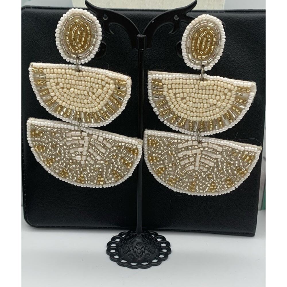 Iridescent White And Gold Seed Bead Semi Circle Layered Drop Dangle Earrings